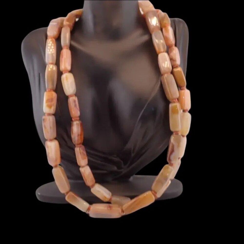 Agate Stone Beaded Statement Long 1 - 2 Strand Necklace 48" Amber Honey Orange